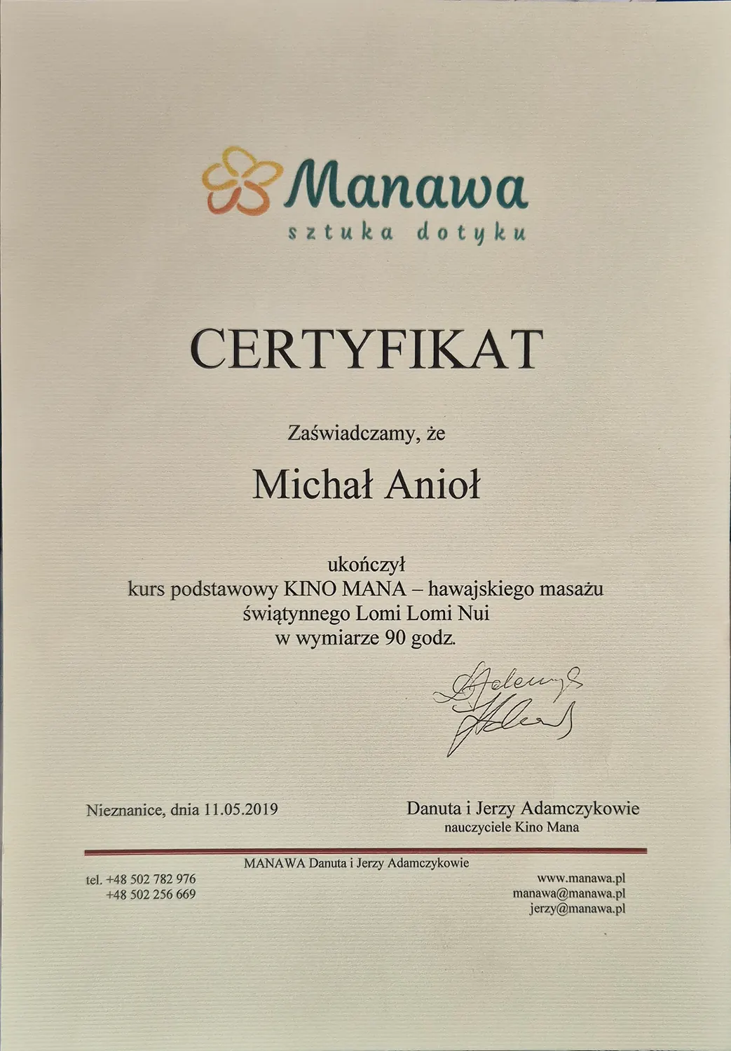 Certyfikat kursu KINO MANA, hawajski masaż świątynny Lomi Lomi Nui